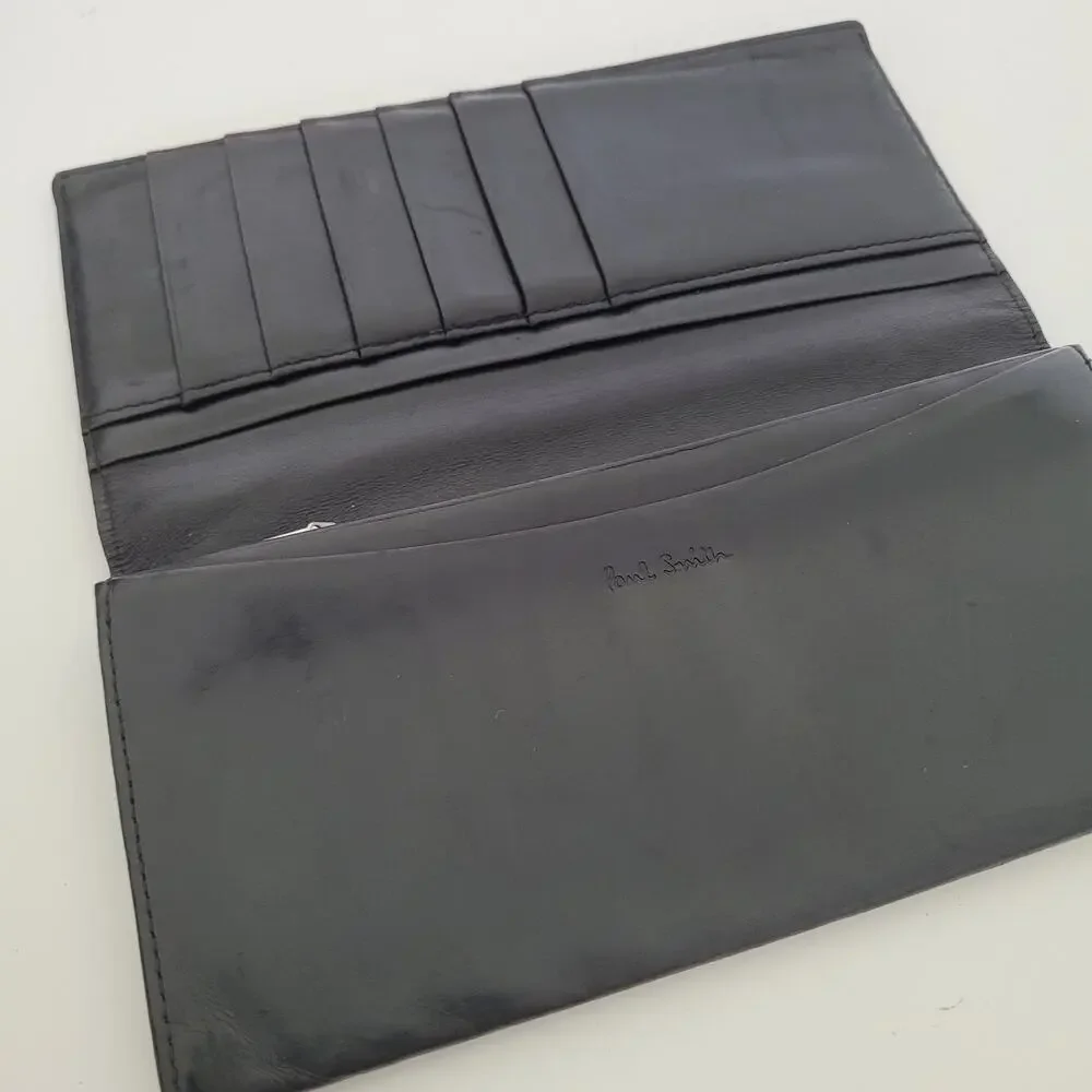 Paul‎ Smith Designer Checkbook Card Bill Holder Wallet Black Bifold Leather Long